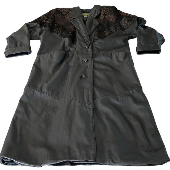 Vintage 80’s Avanti Black Leather Duster Trench Coat Copper Embossed Suede - Picture 12 of 16